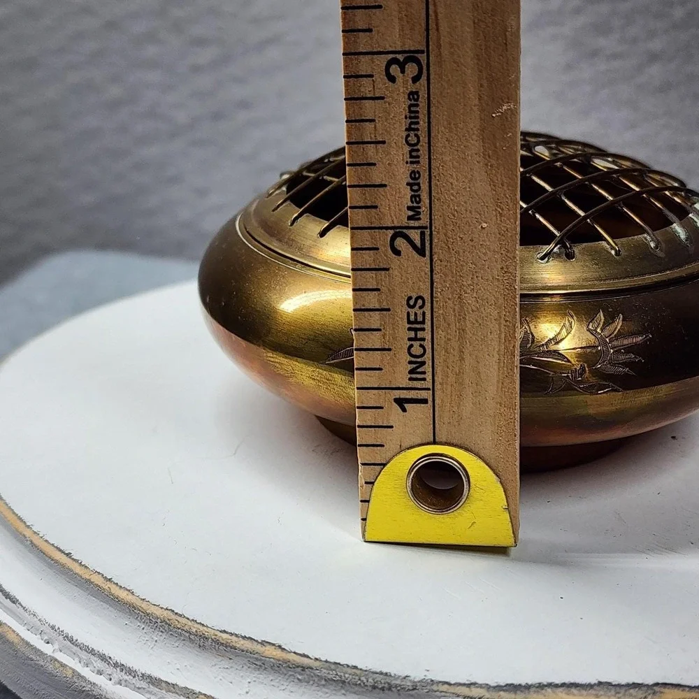 Vintage Brass Copper Flower Pot Frog‎ Bowl 4in Gold Metal Engraved India 80s
